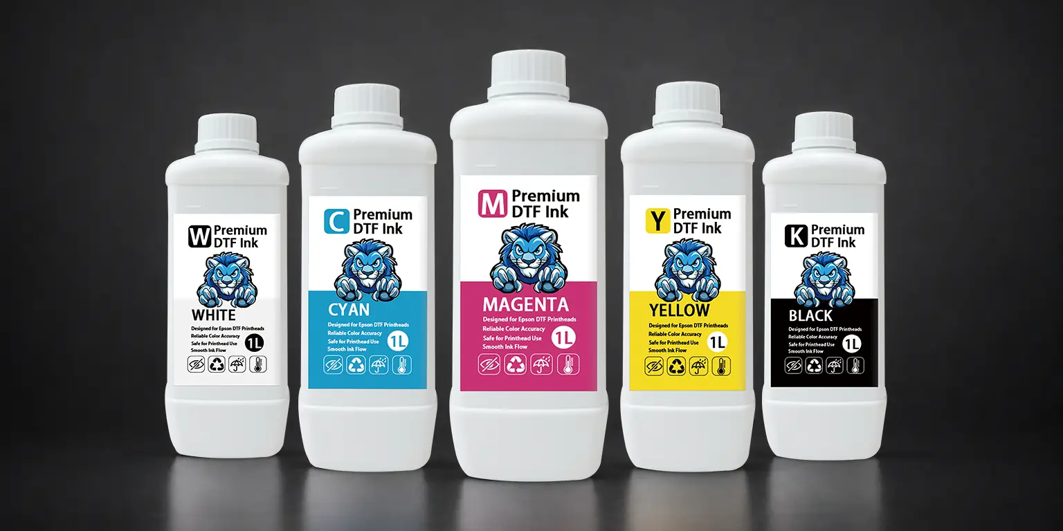 Jinlong premium DTF ink bottles in CMYK and white for DTF printing
