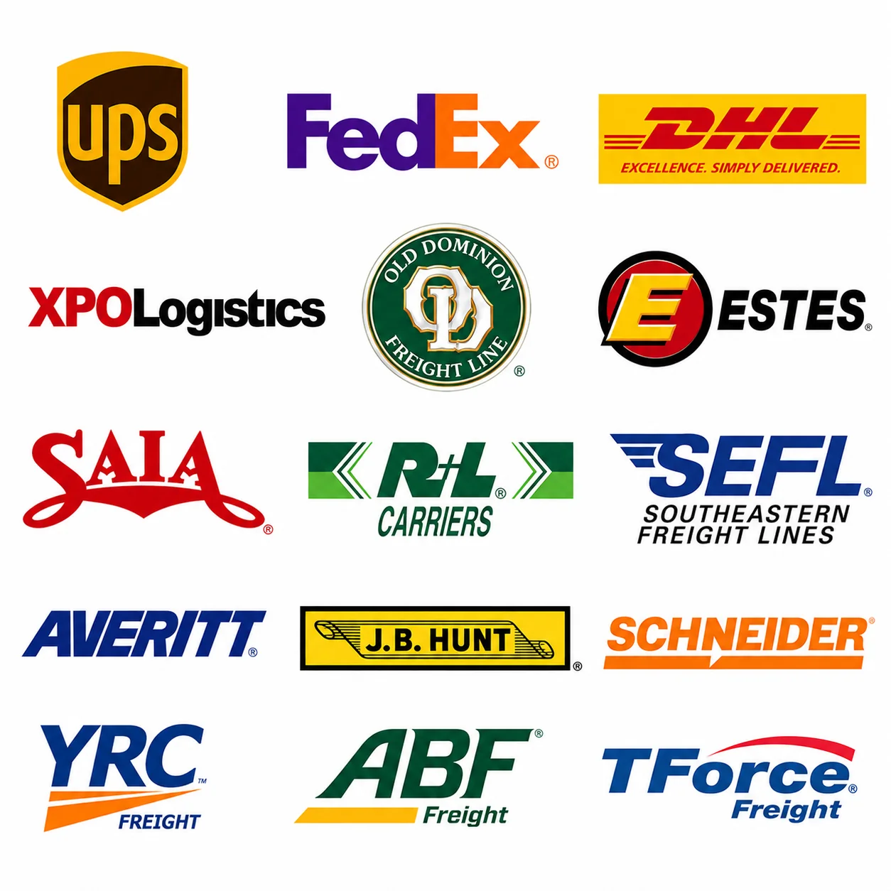 Logistics carrier logos including UPS FedEx DHL and freight partners