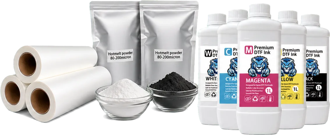 Jinlong DTF sample materials including film rolls, hot melt powder and DTF ink bottles