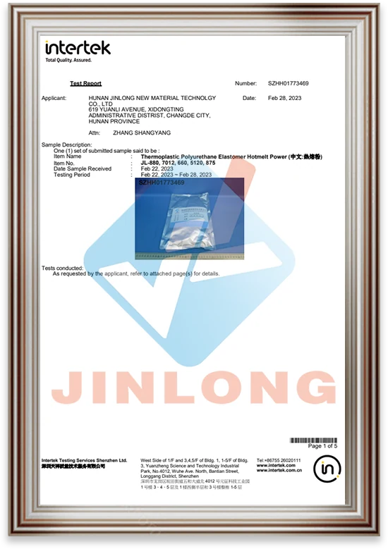 Intertek test report for Jinlong elastomeric hotmelt powder