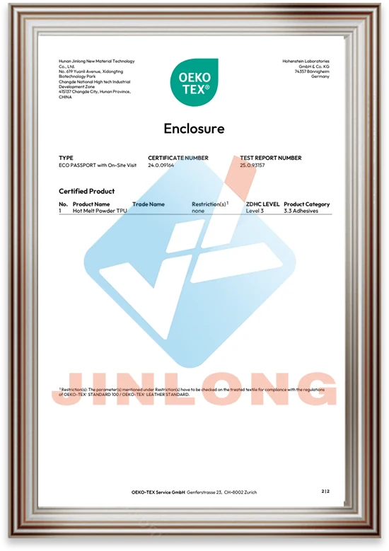OEKO-TEX enclosure for Jinlong hot melt TPU powder