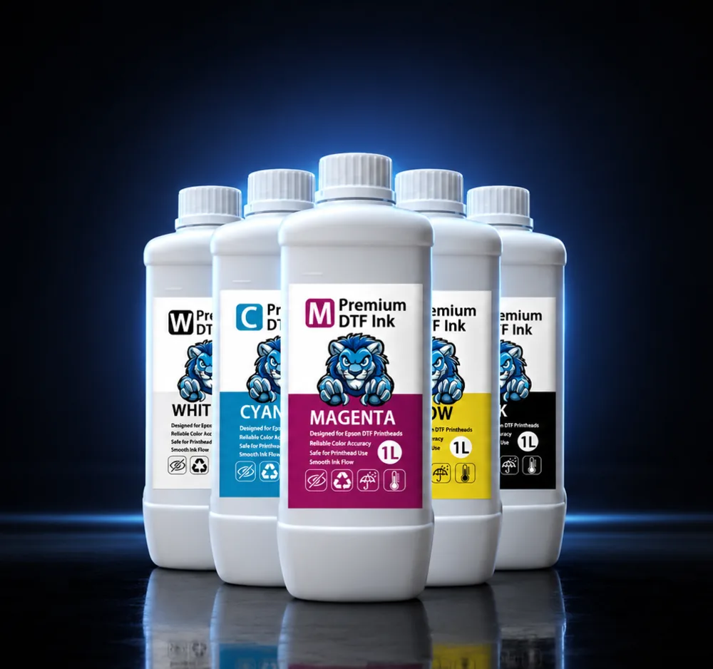Jinlong premium CMYKW DTF ink bottles on dark background