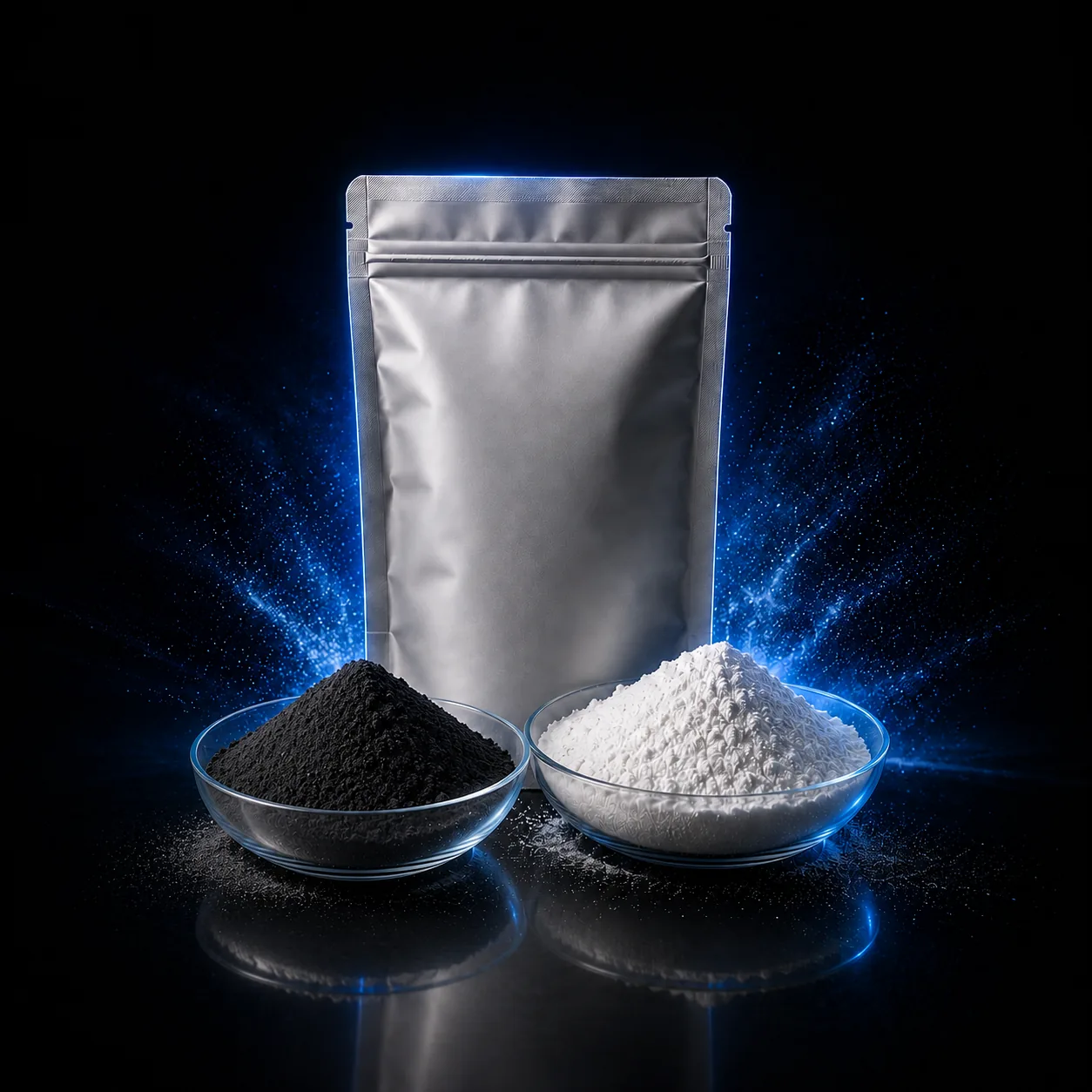 Jinlong ultra-soft TPU powder pouch with black and white powder bowls on dark blue background