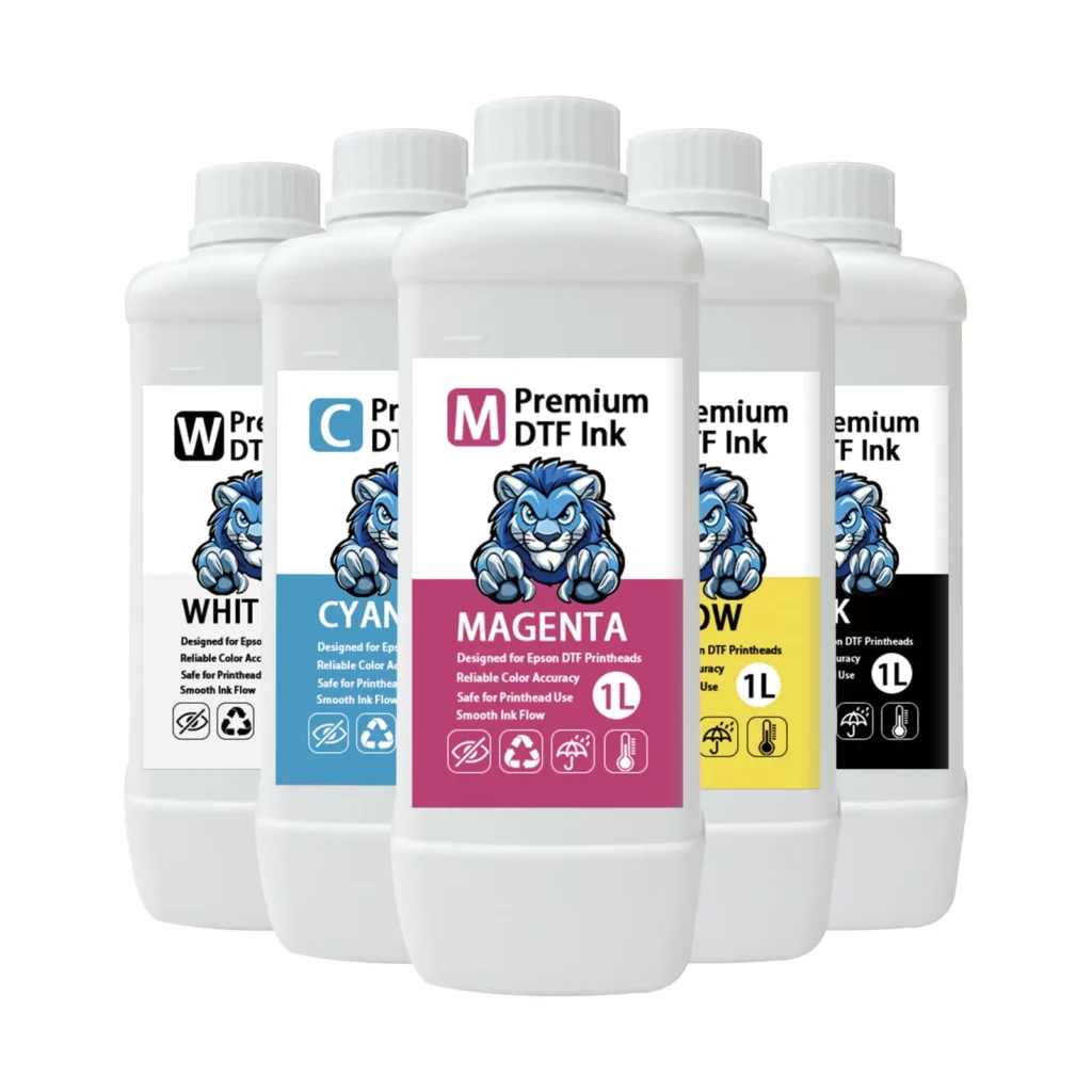 Premium 1 litre DTF ink bottles in white, cyan, magenta, yellow and black