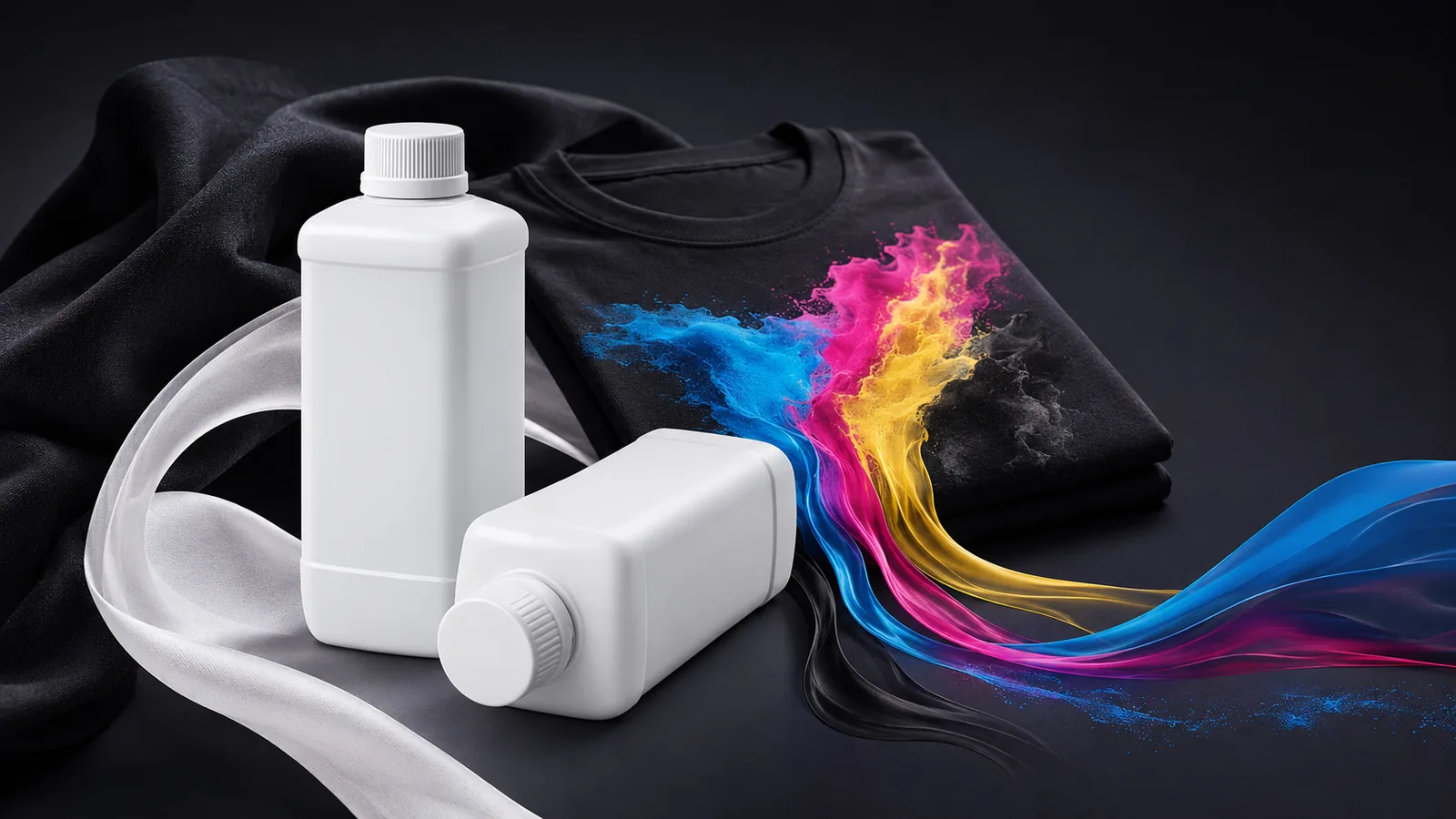 DTF ink bottles beside a black T-shirt with vivid cyan, magenta and yellow print effects