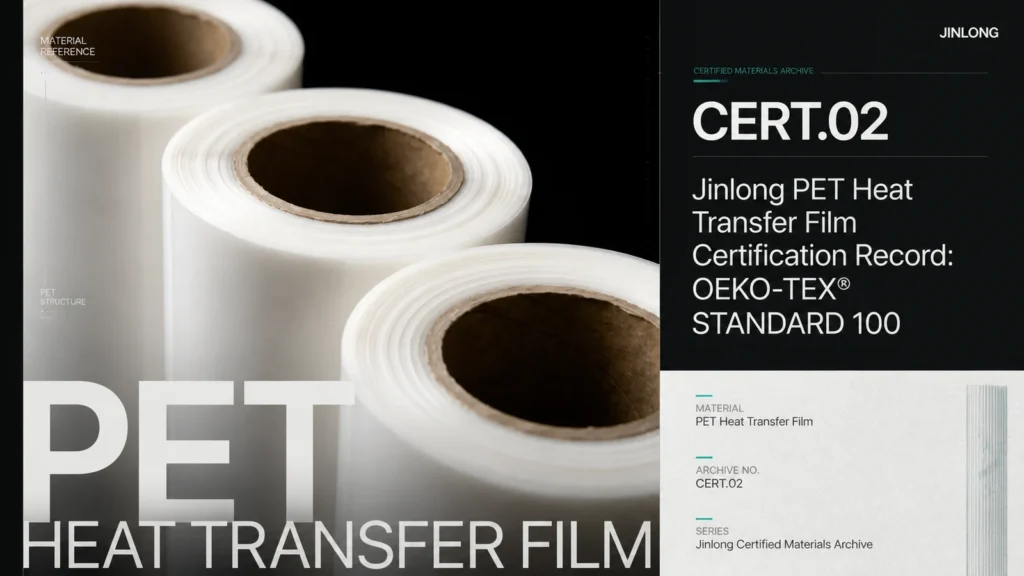 Jinlong PET heat transfer film rolls and OEKO-TEX STANDARD 100 certification record title